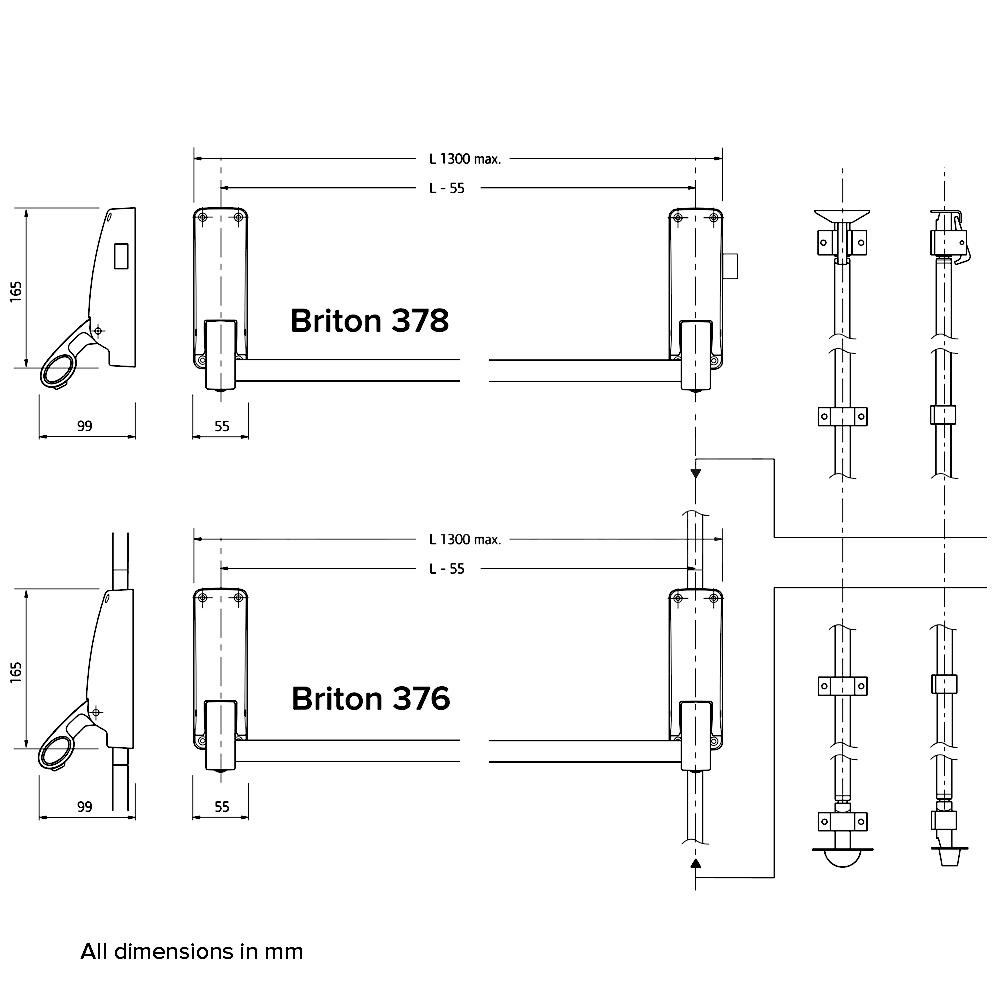 Dimensions Image: Briton 377 Push Bar Double Rebated Door Panic Set