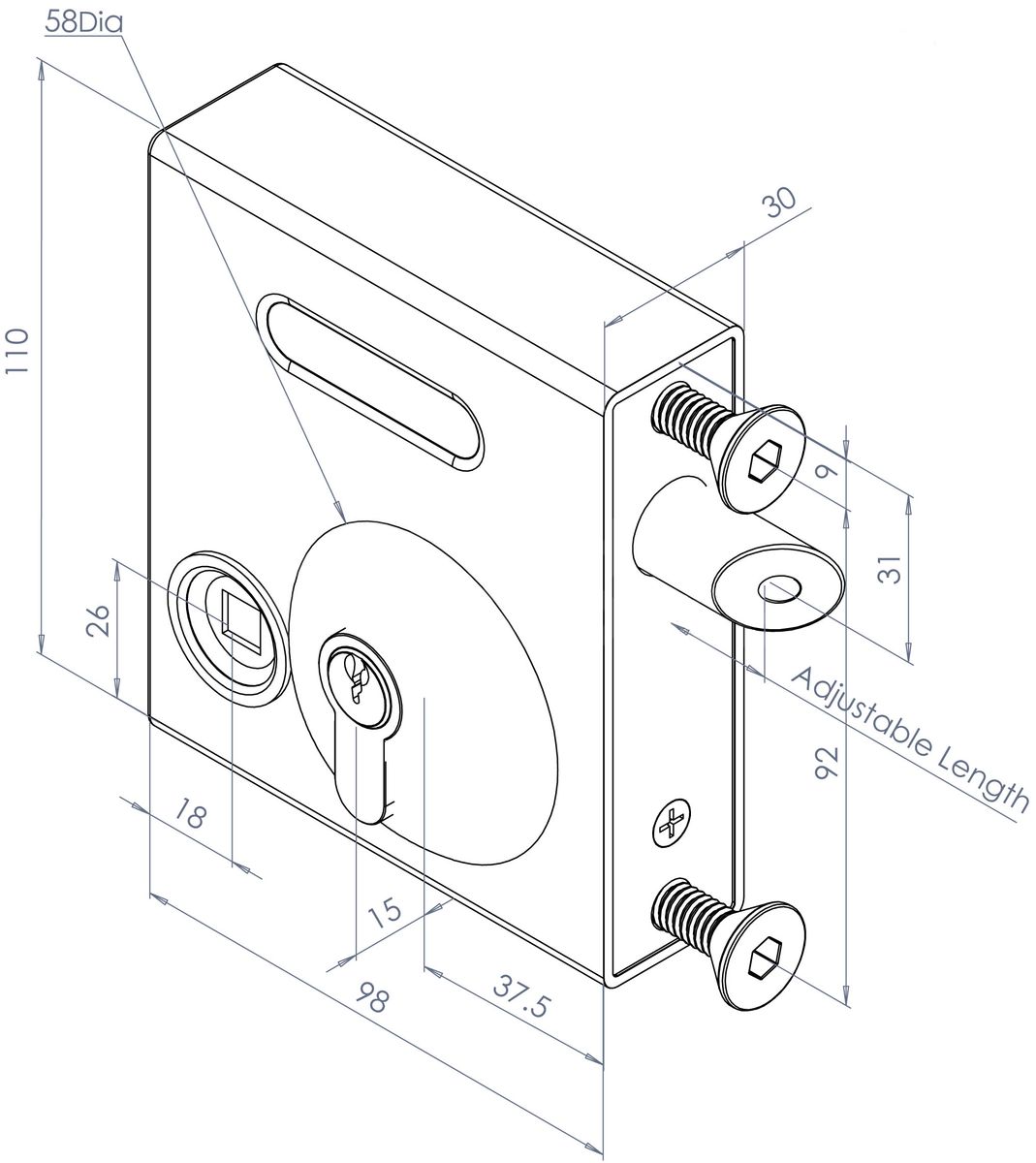 Dimensions Image: Gatemaster SelectPro Keyed Bolt-On Latch Deadlock