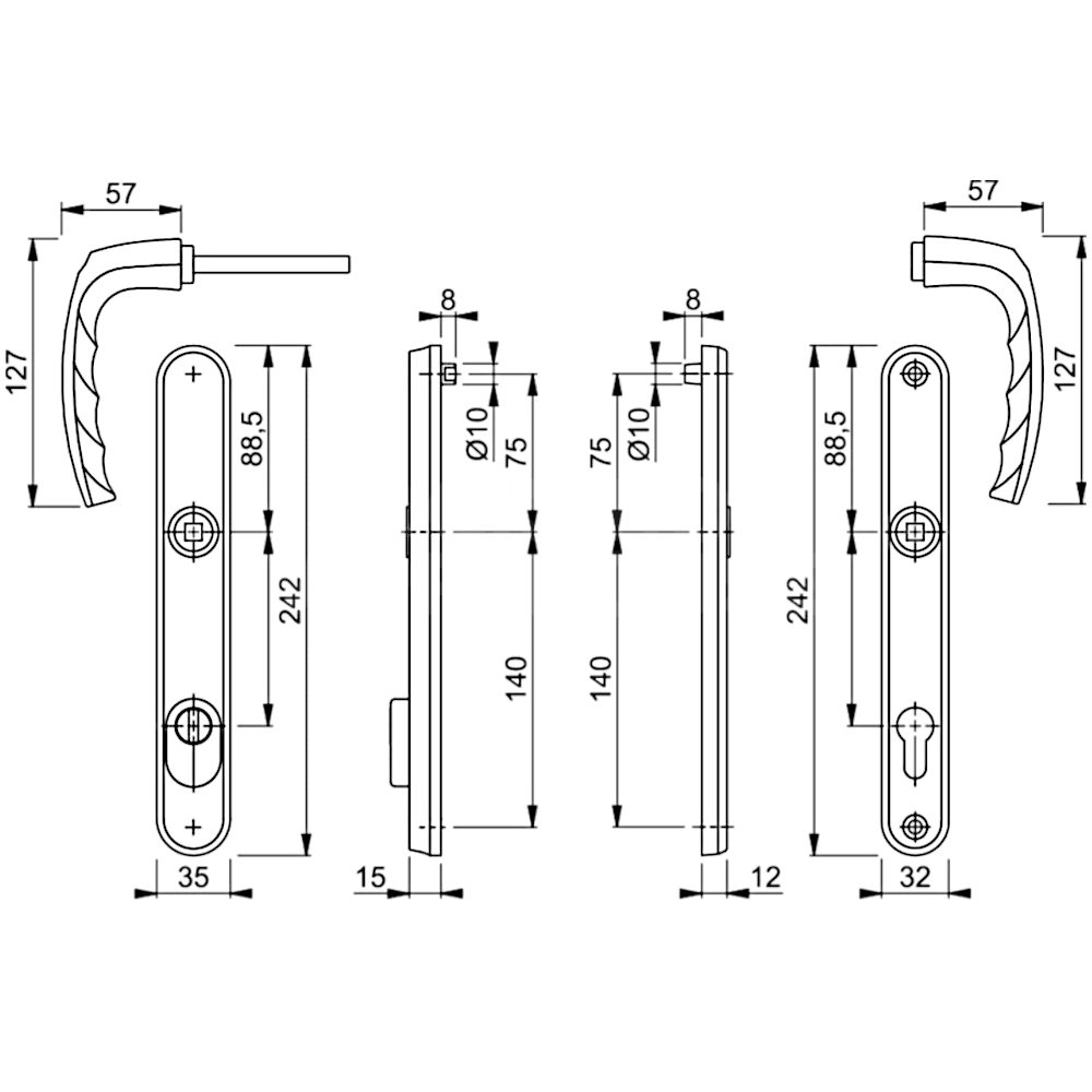 Dimensions Image: HOPPE Atlanta TS007 2-Star Security Door Furniture