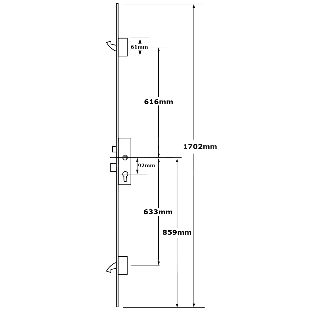 Dimensions Image: ERA Multipoint Lock with 2 Hooks and Split Spindle Gearbox