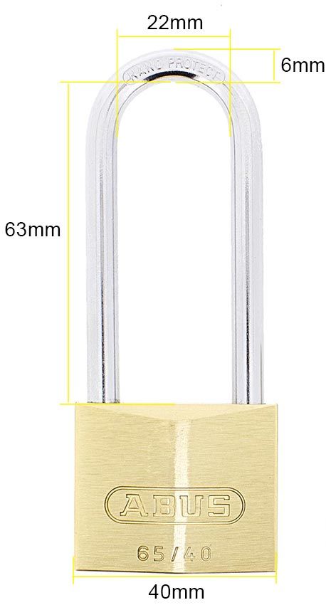 Dimensions Image: ABUS 65/40 Brass Padlock - 63mm Long Shackle