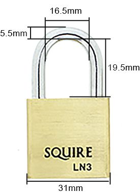 Dimensions Image: Squire Lion LN3 - 30mm Open Shackle Brass Padlock