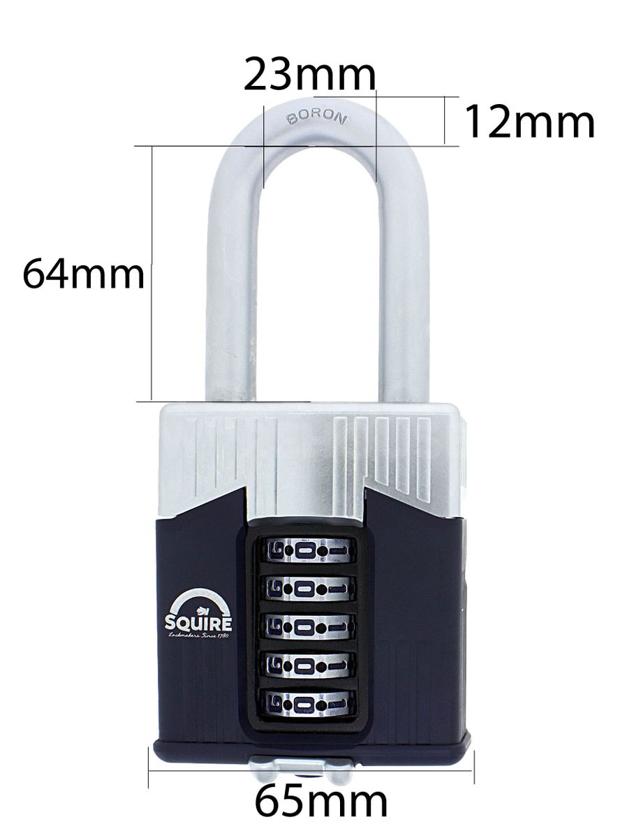 Dimensions Image: SQUIRE Warrior WAR65 - 63mm Long Shackle Combination Padlock