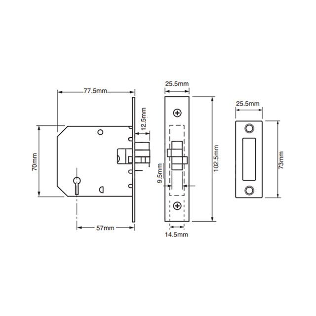 Dimensions Image: Union 2477 3 Lever Sliding Door Lock