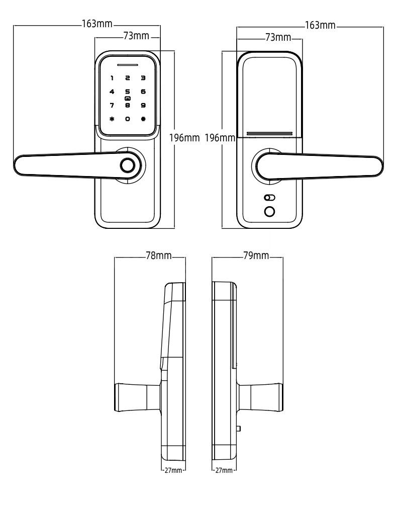 Dimensions Image: DORIX Latch-Handle Smart Lock - DXSL60
