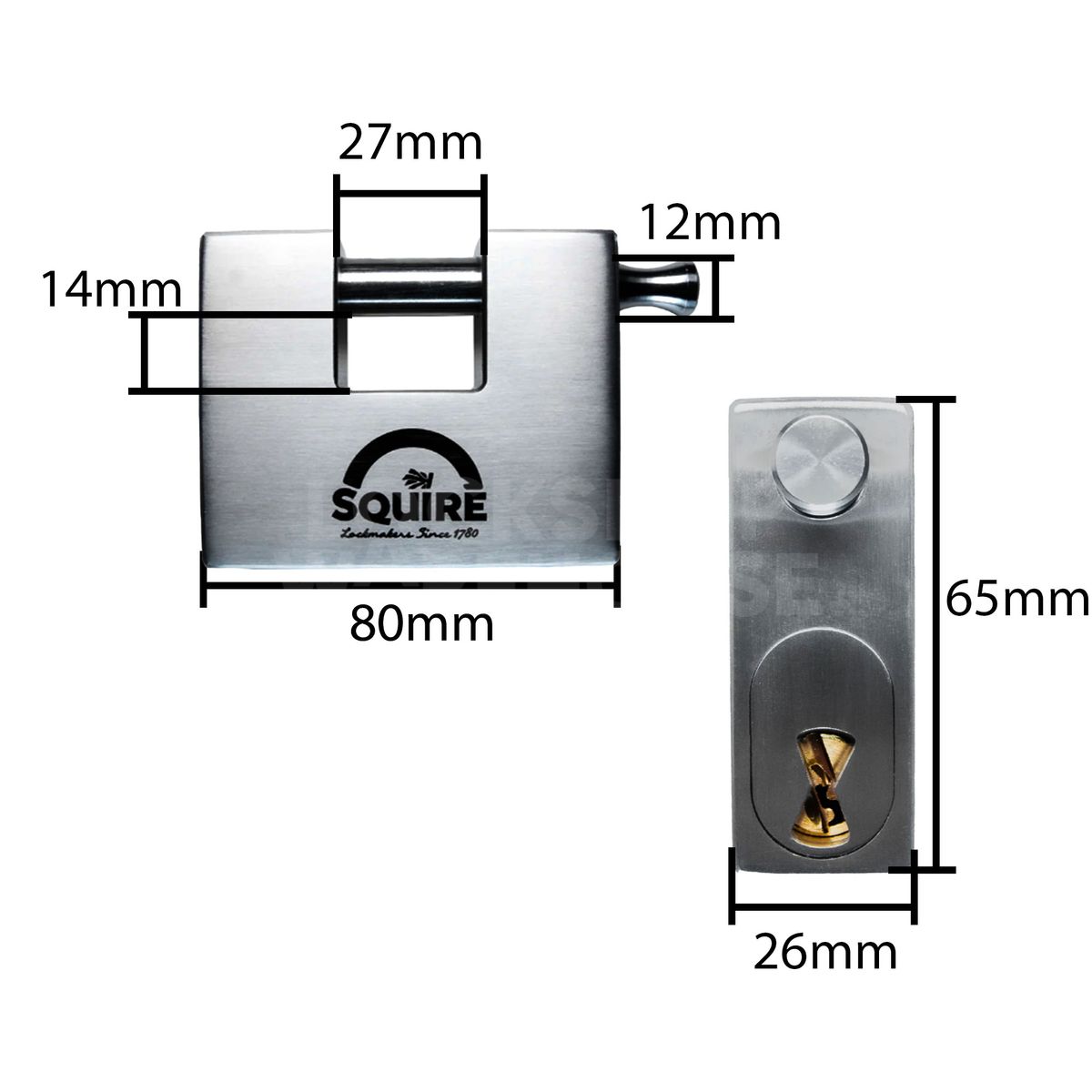 Dimensions Image: SQUIRE ST75S - Stainless Steel Padlock -  Marine Grade