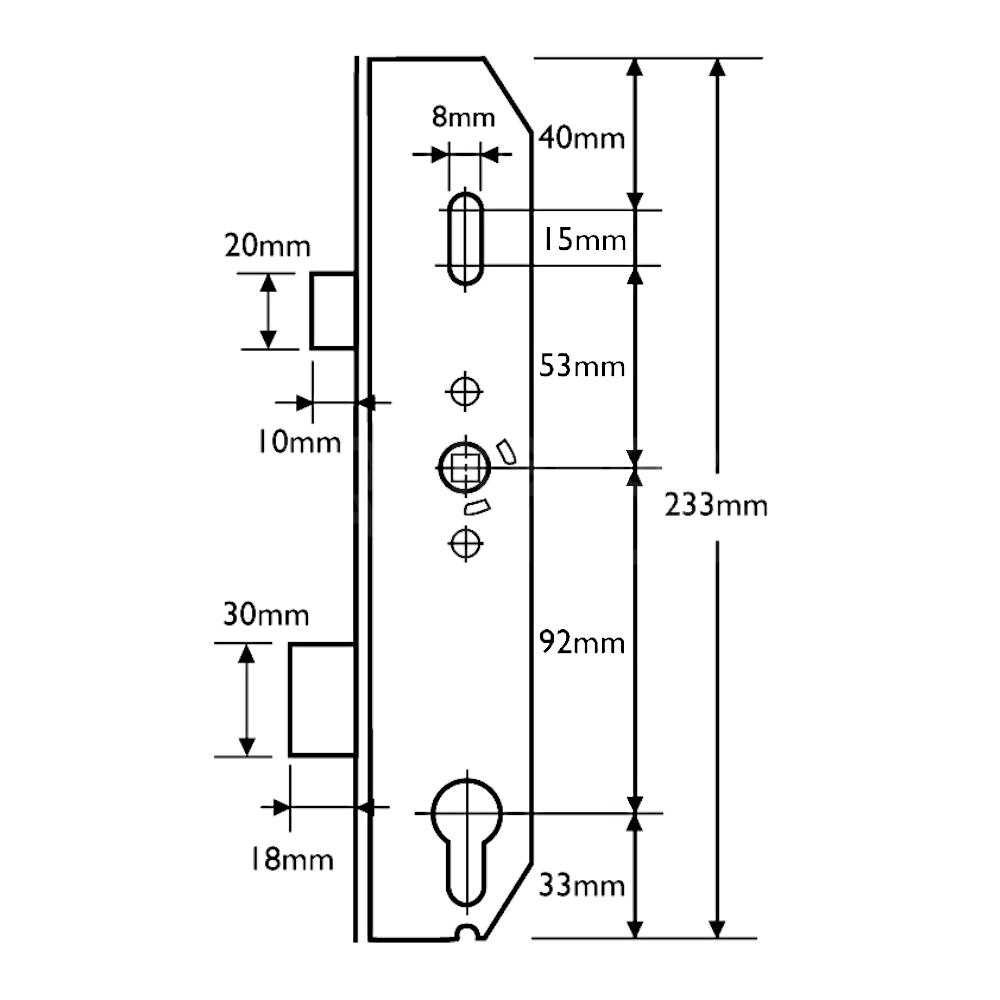 Dimensions Image: Mila Lever Operated Latch &amp; Deadbolt Centre Case 35/92
