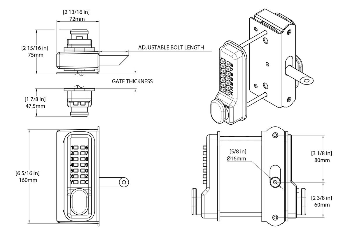 Dimensions Image: Gatemaster Superlock 2.0 Surface Mounted Single-Sided Code Gate Lock