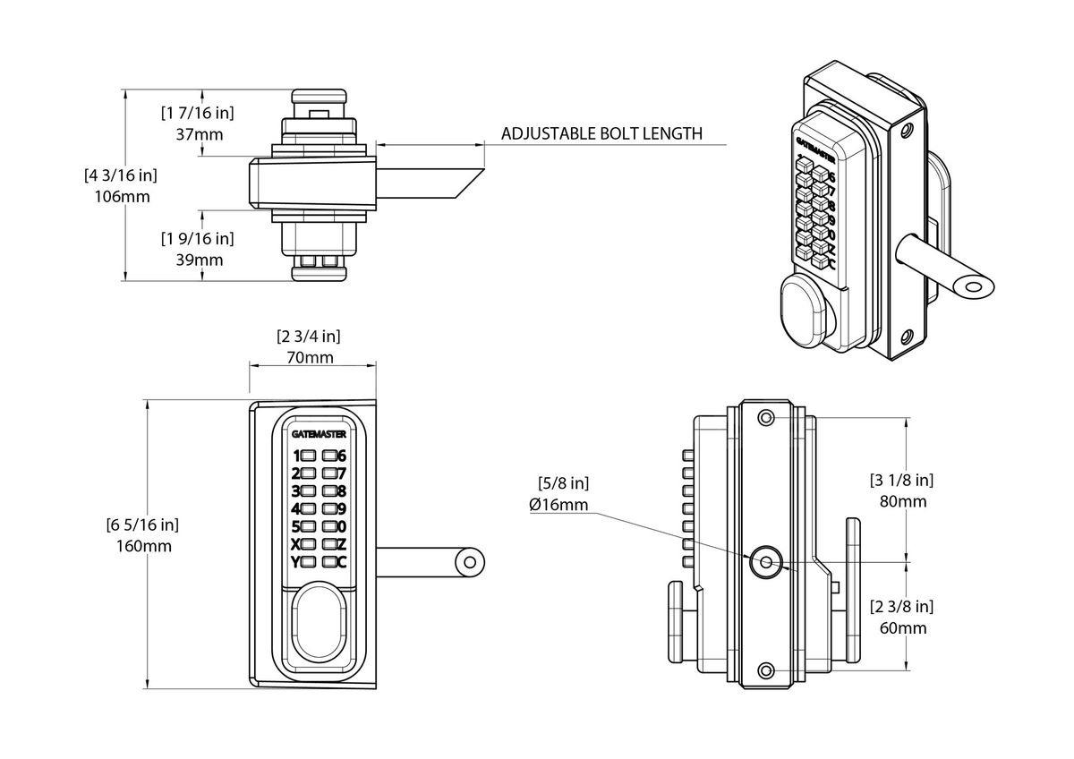 Dimensions Image: Gatemaster Superlock 2.0 Single-Sided Keypad Code Gate Lock