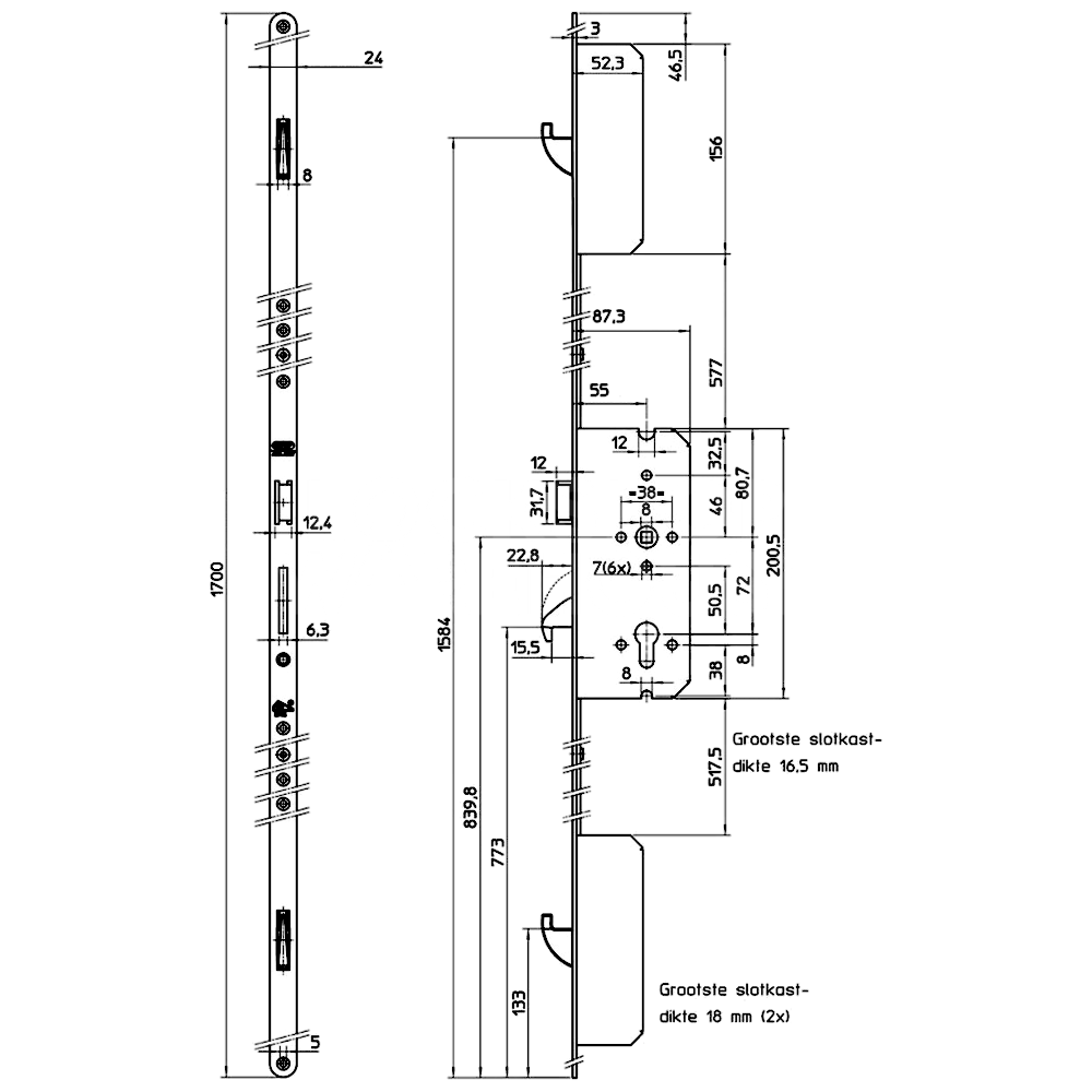 Dimensions Image: Nemef 4923 Excell 2 Hook Keywind Multipoint Lock