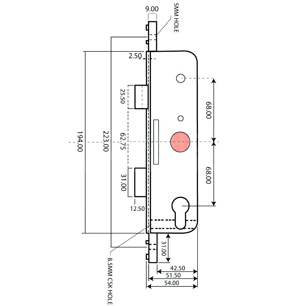 Dimensions Image: Fullex Lever Operated Latch &amp; Deadbolt Old Style Centre Case 35/68
