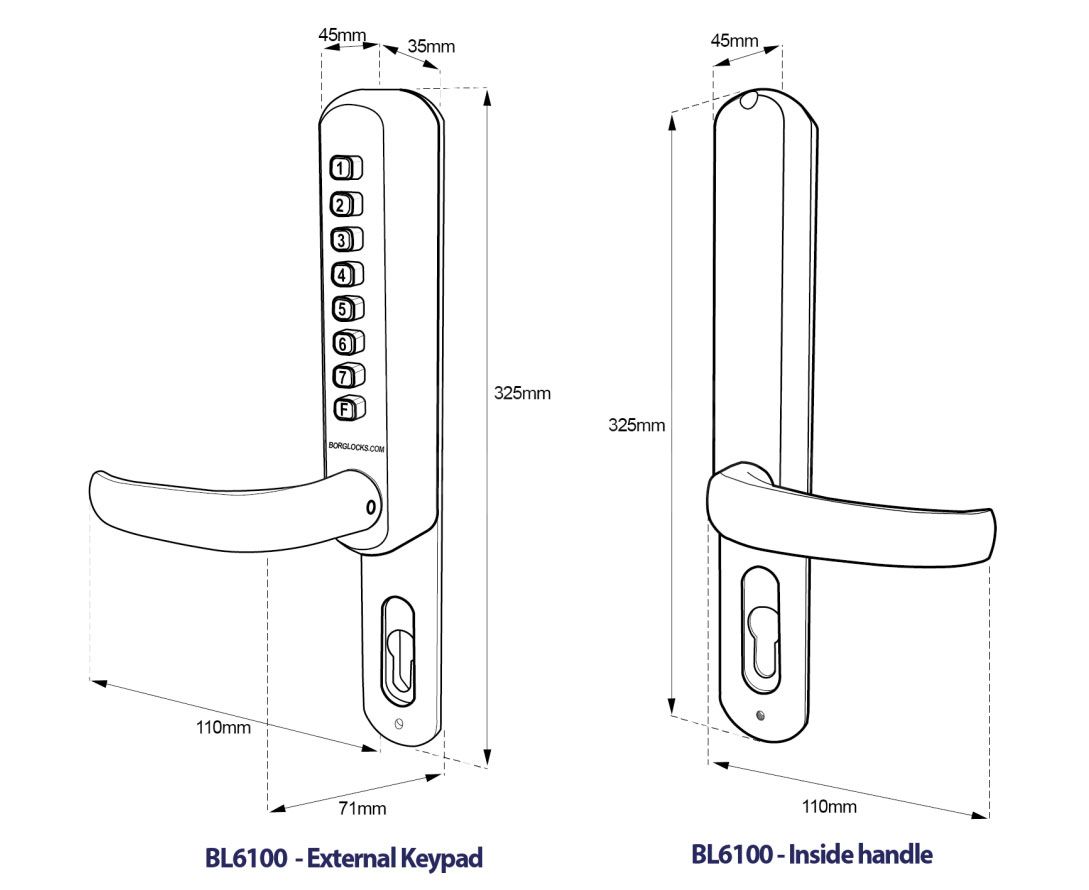 Dimensions Image: BORG LOCKS BL6100 Narrow Style Digital Lock With UPVC Extension