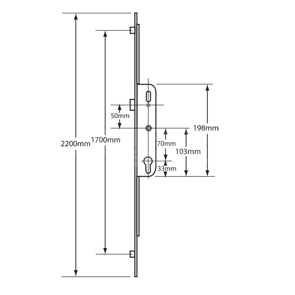 Dimensions Image: Ferco 2 Roller Lever Operated Latch Only Multipoint Lock