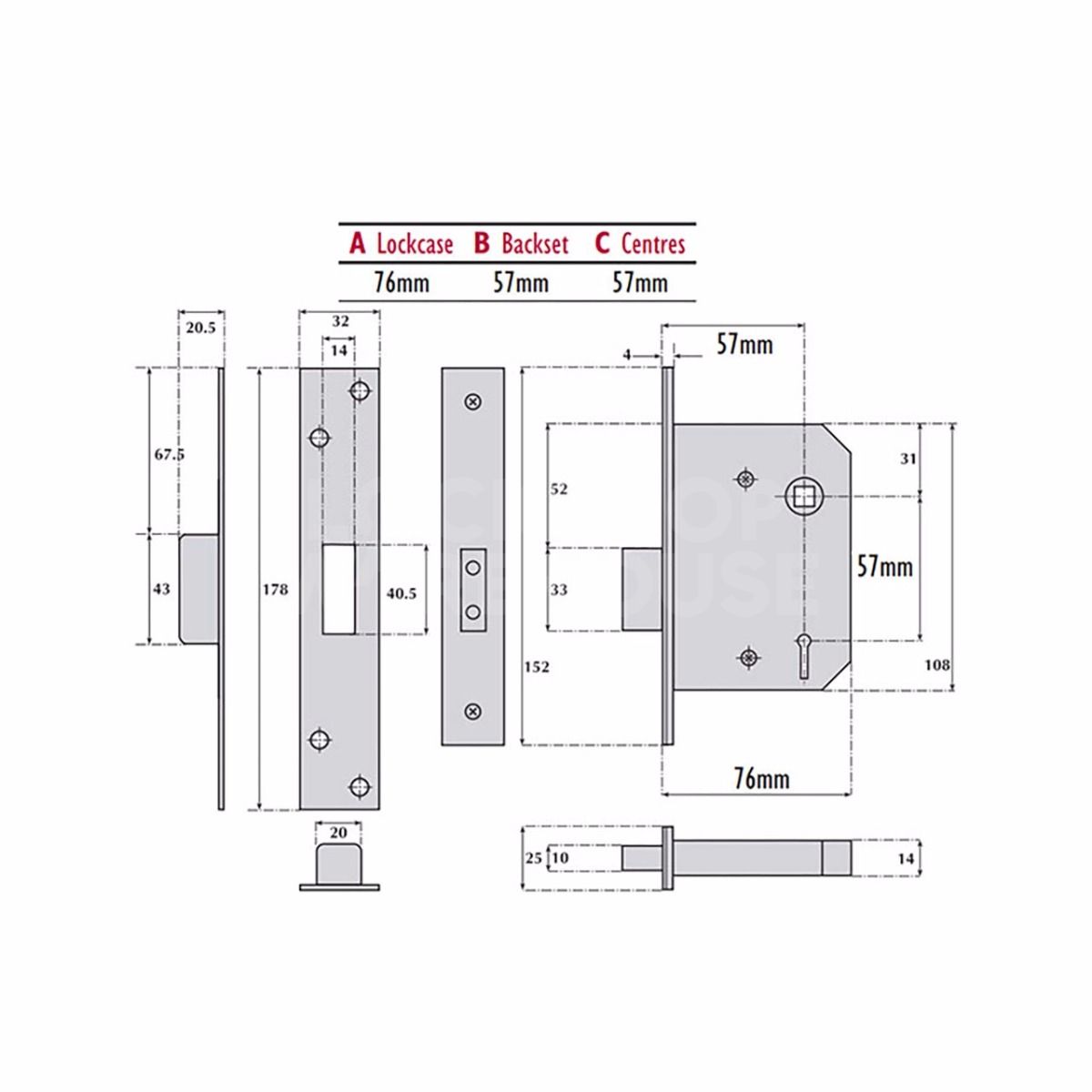 Dimensions Image: Imperial G5007 5 Lever Escape Deadlock 76mm