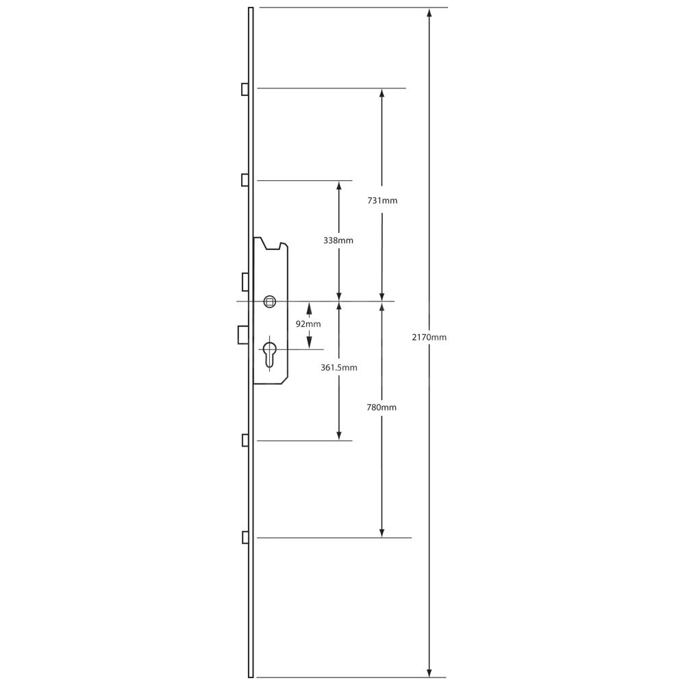 Dimensions Image: Fuhr 855 Type 2 Key Wind Multipoint Lock