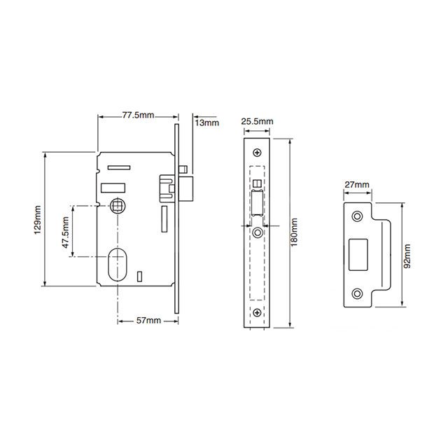 Dimensions Image: Union L2341 Mortice Nightlatch (Oval Cylinder)