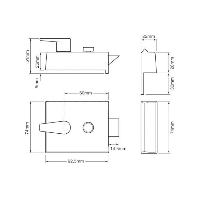 Dimensions Image: Union 1028 Standard Security Rim Lock 60mm