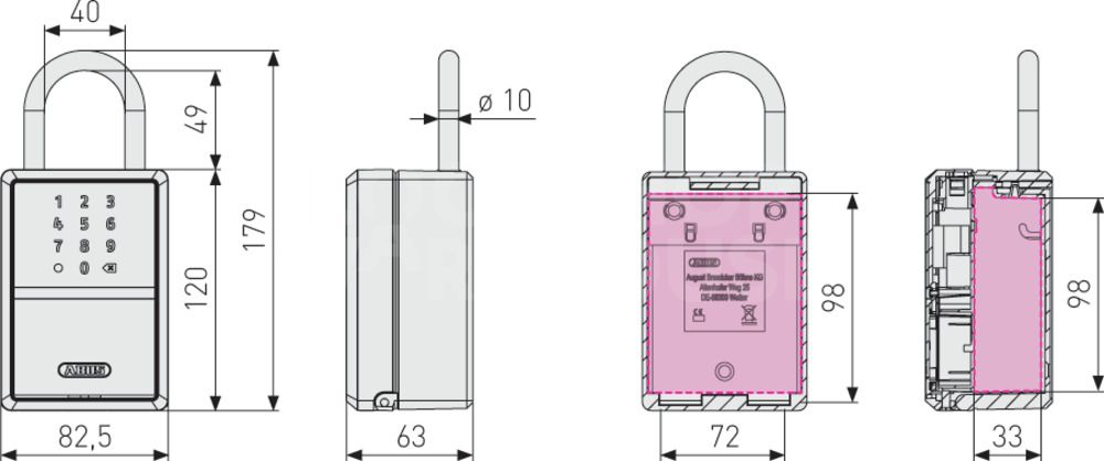 Dimensions Image: ABUS 797 - Smart Bluetooth  KEYGARAGE One with shackle