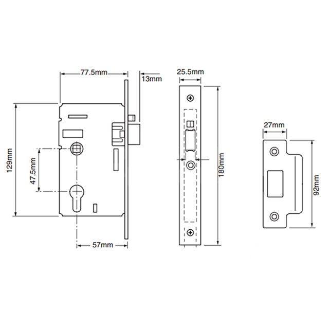 Dimensions Image: Union L2349 Mortice Nightlatch