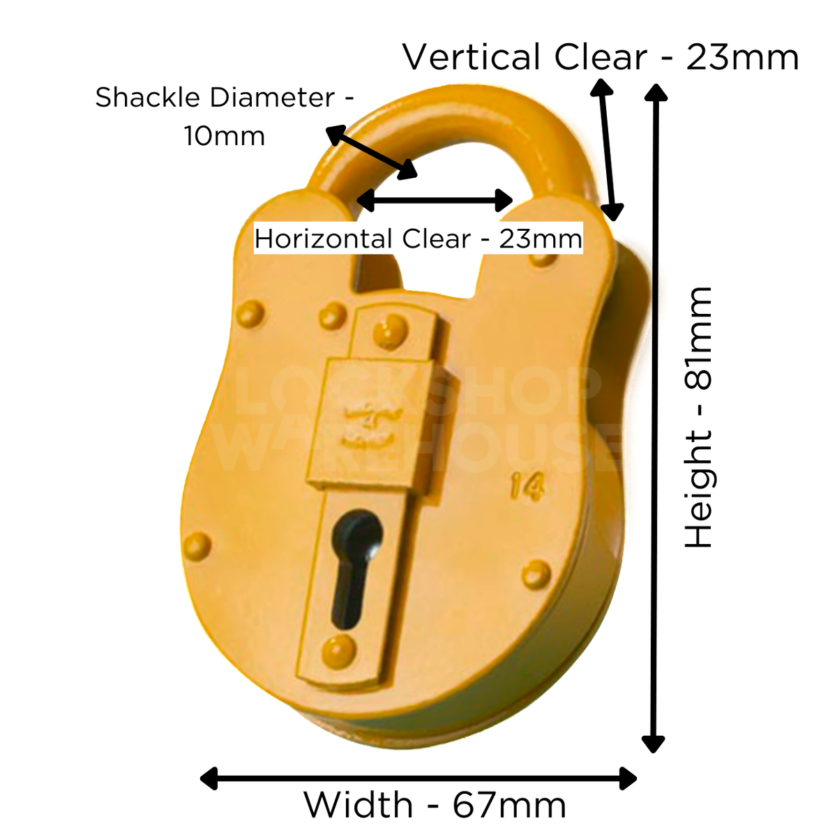 Dimensions Image: FB14 Fire Brigade Padlock Yellow Finish