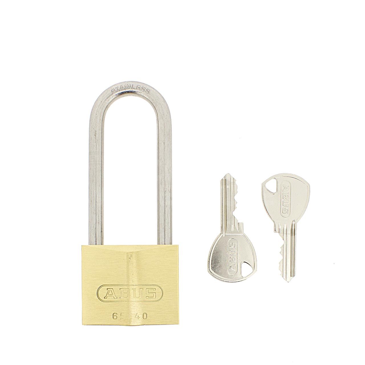 Dimensions Image: ABUS 65IB/40 Brass Padlock - 63mm Stainless Steel Long Shackle