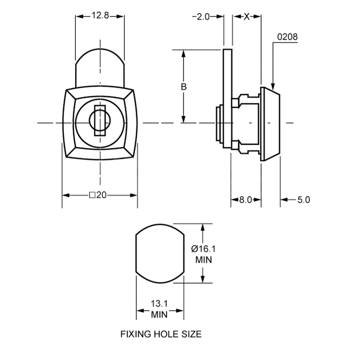 Dimensions Image: Lowe &amp; Fletcher 0201 Mini Cam Lock