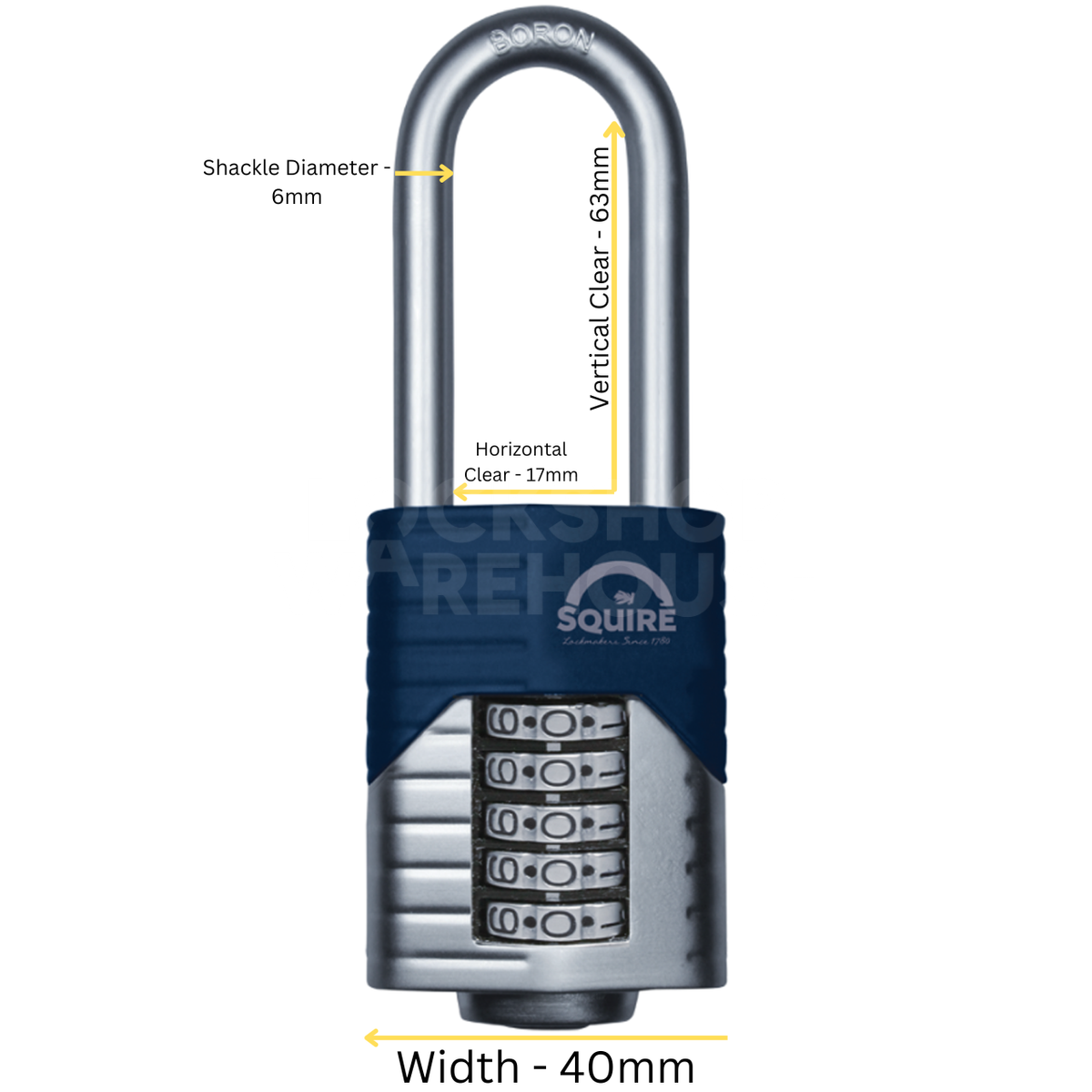 Dimensions Image: SQUIRE Vulcan 40mm 2.5&quot; Long Shackle Combination Padlock - 4 Wheel