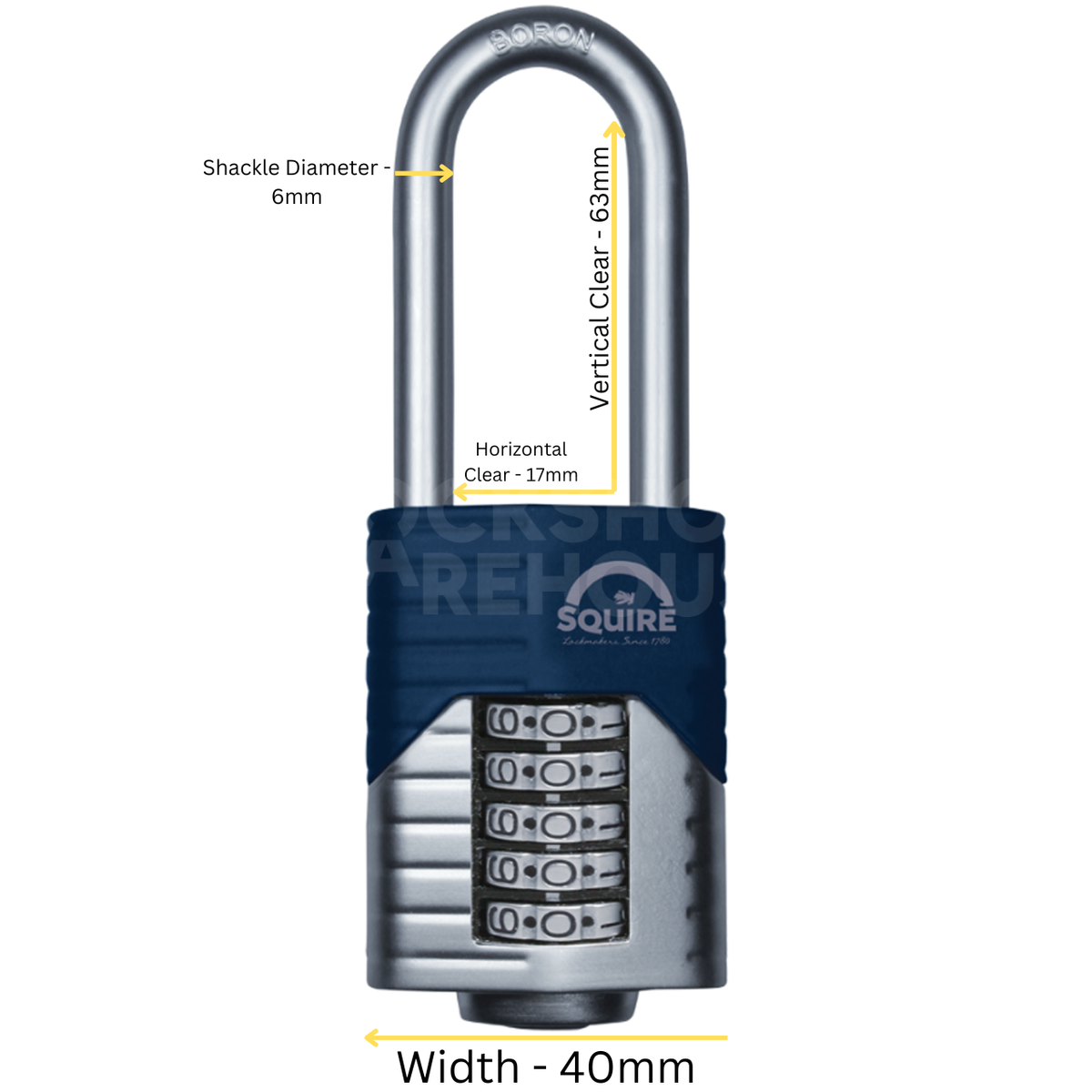 Dimensions Image: SQUIRE Vulcan 40mm 2.5" Long Shackle Combination Padlock - 4 Wheel