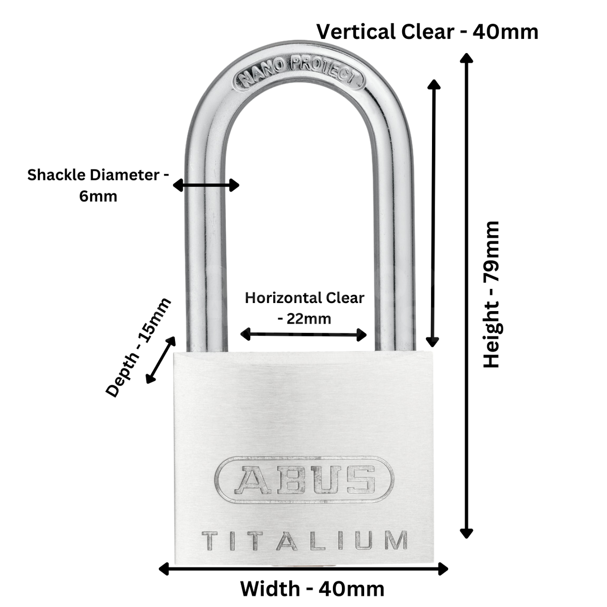 Dimensions Image: ABUS Titalium 64TI/40mm Padlock with 40mm Long Shackle