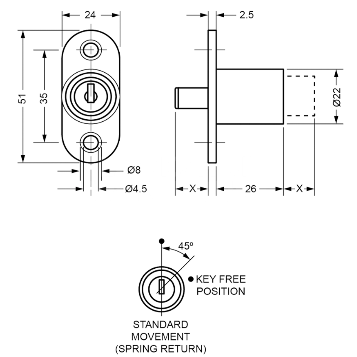 Dimensions Image: L &amp; F 5861 Sliding door Lock