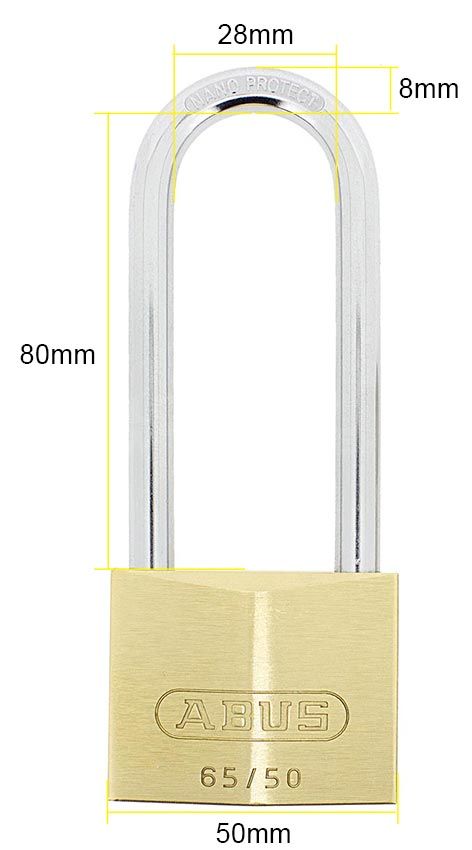 Dimensions Image: ABUS 65/50 Brass Padlock - 80mm Long Shackle