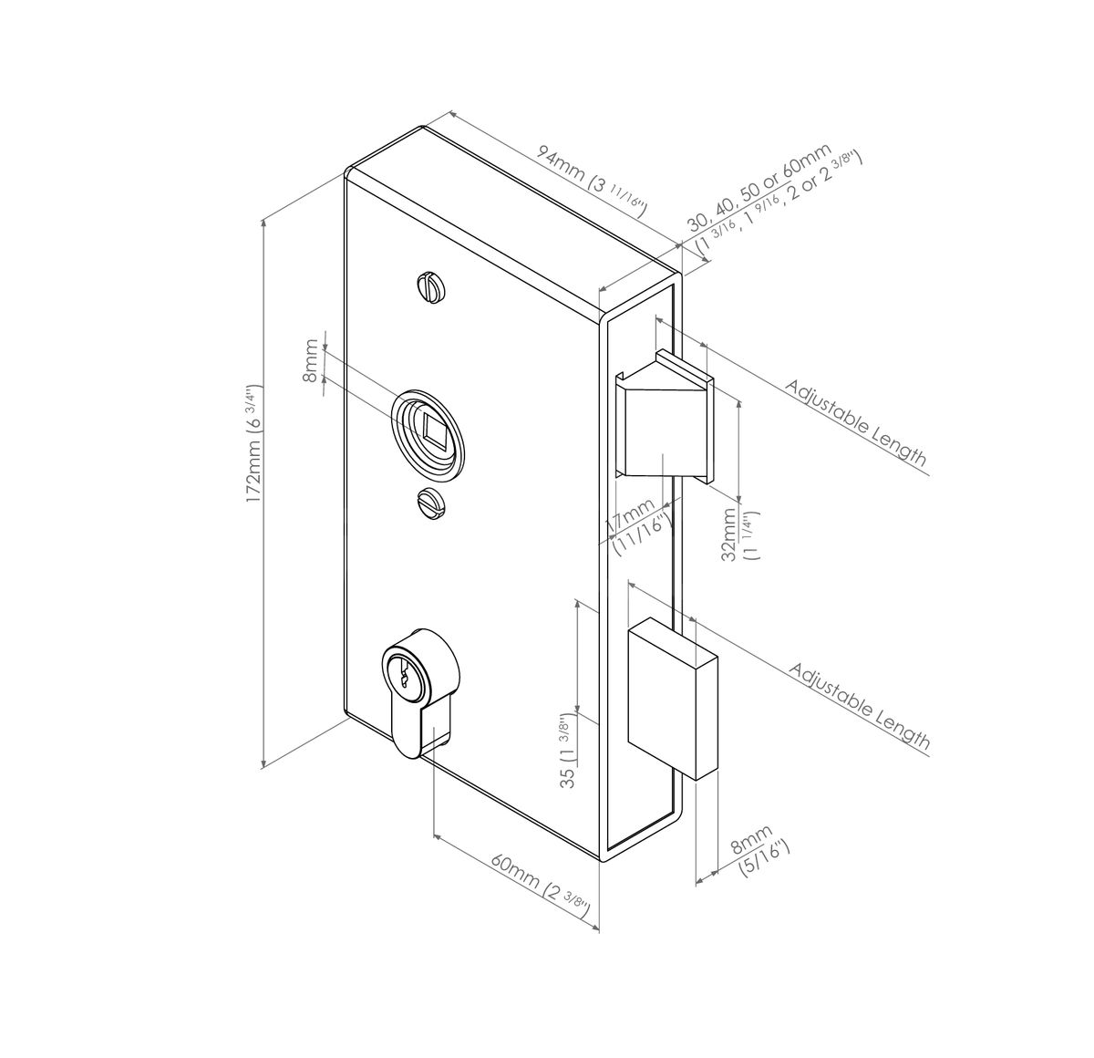 Dimensions Image: Gatemaster Weld-In Double Throw Latch Deadlock