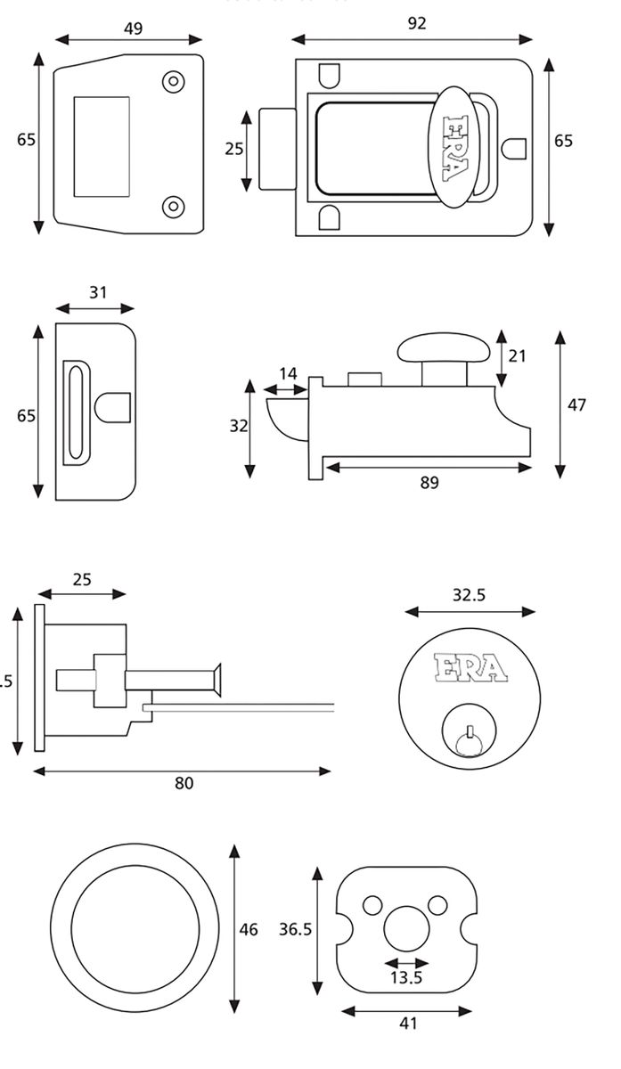 Dimensions Image: ERA 133 TRADITIONAL NIGHTLATCH 60MM