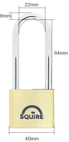 Dimensions Image: Squire Lion LN4/2.5 - 40mm Brass Padlock - 64mm Long Shackle