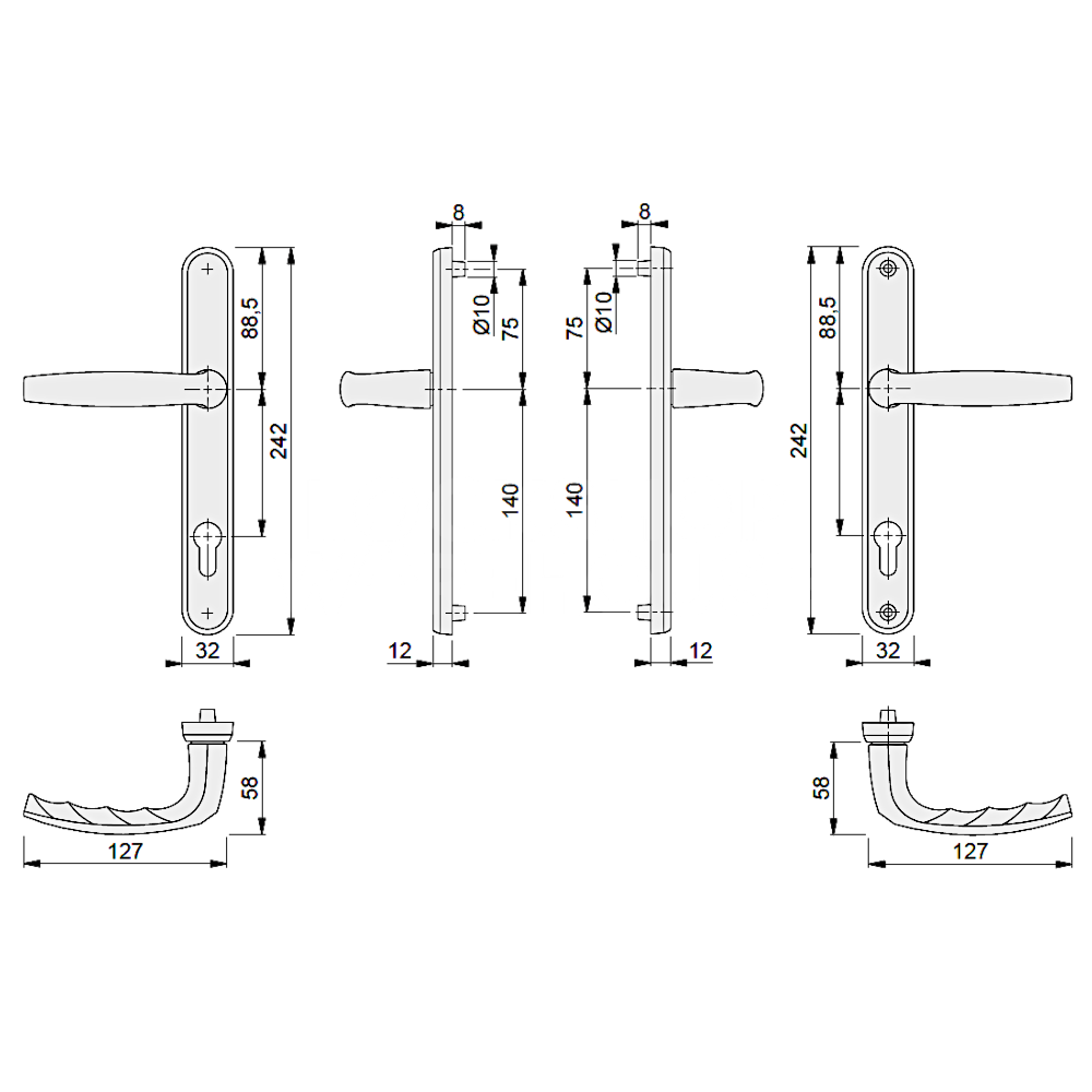 Dimensions Image: Hoppe Atlanta UPVC Door Furniture Handle Set