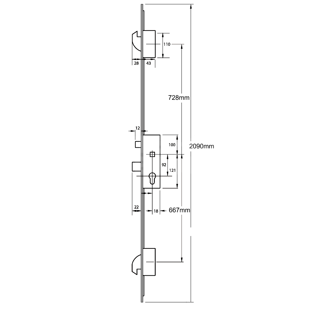 Dimensions Image: ERA Trimlock Lever Operated 2 Hook Multipoint Lock
