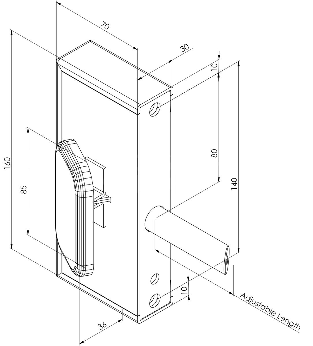 Dimensions Image: Gatemaster Superlock Quick-Exit Keyed Gate Lock