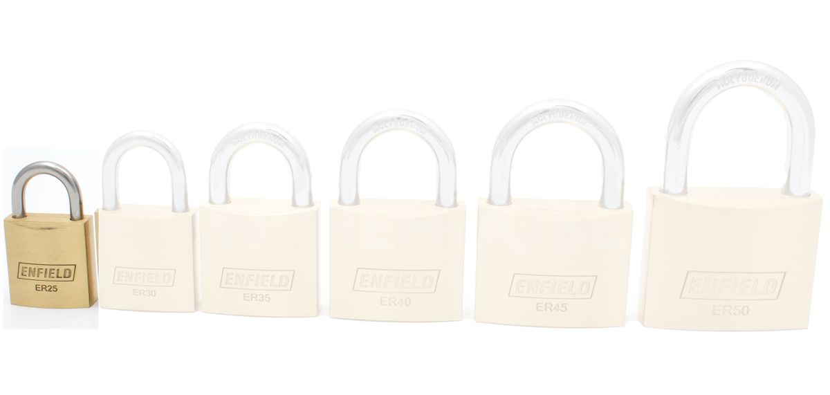 Gallery Image: Size comparison for the Enfield ER25 to ER50 Padlocks