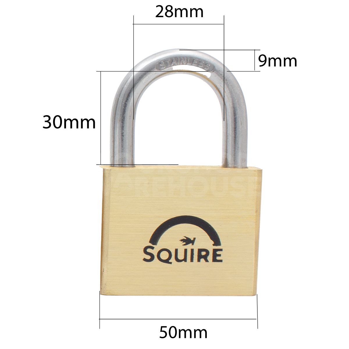 Dimensions Image: Squire LN5S MARINE - 50mm - Brass Padlock  Stainless Steel Shackle