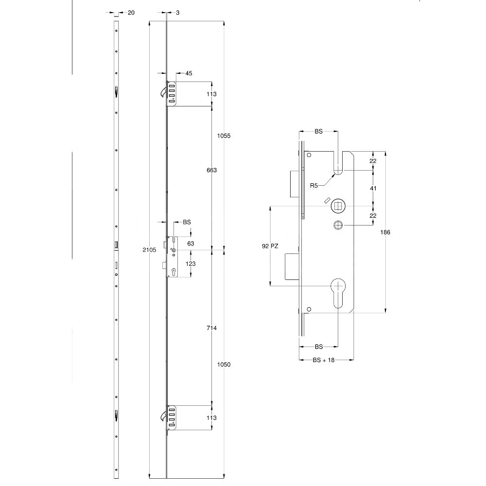 Dimensions Image: Winkhaus Cobra STV-FG 2 Hook Multipoint Lock
