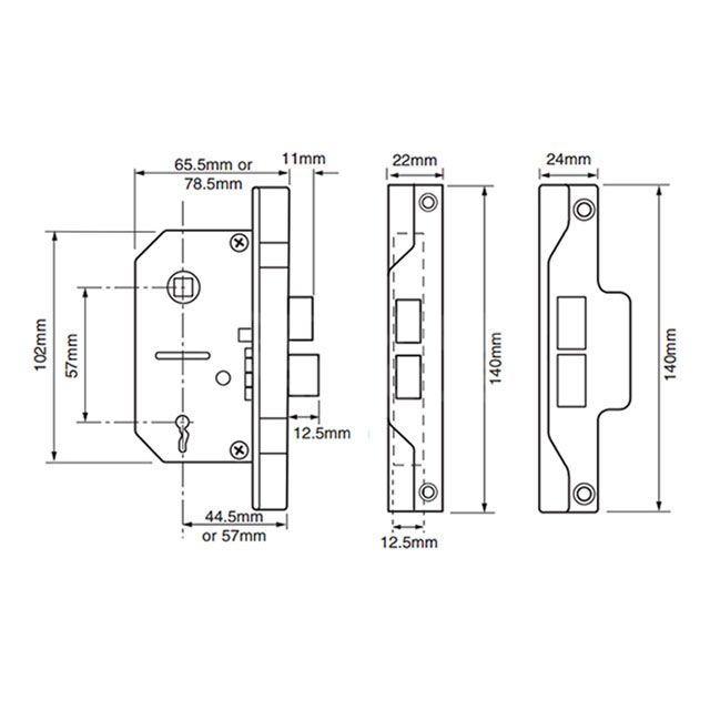 Dimensions Image: Union 2242 2 Lever Rebated Sashlock