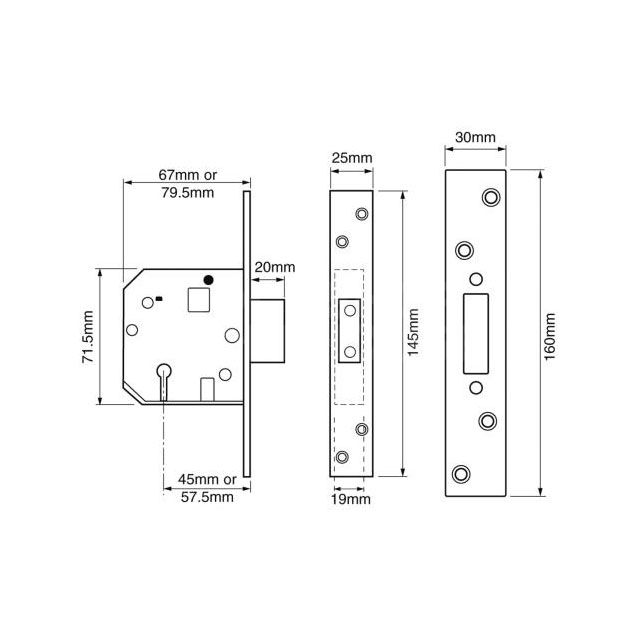 Dimensions Image: Union 2134E Mortice Deadlock (BS3621:2007)