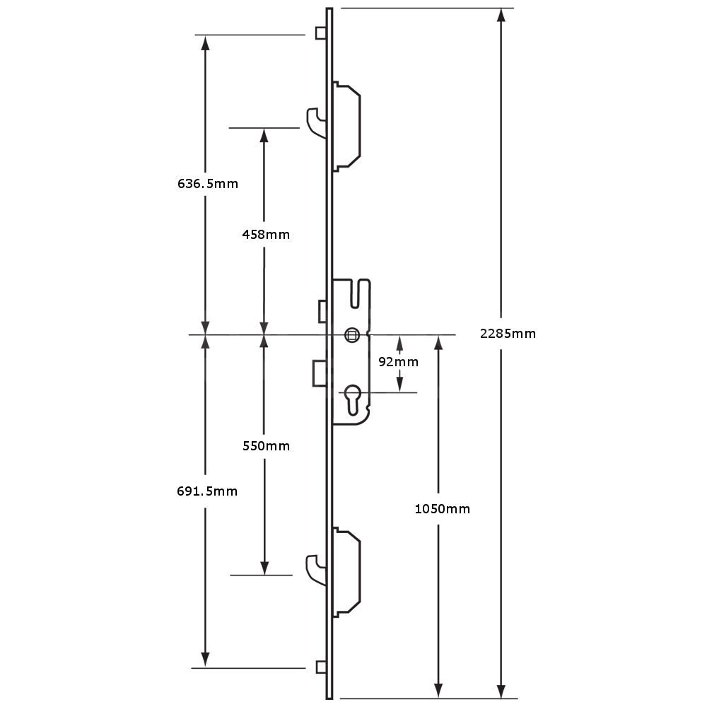 Dimensions Image: GU Lever Operated Multipoint Lock 2 Hook 2 Roller