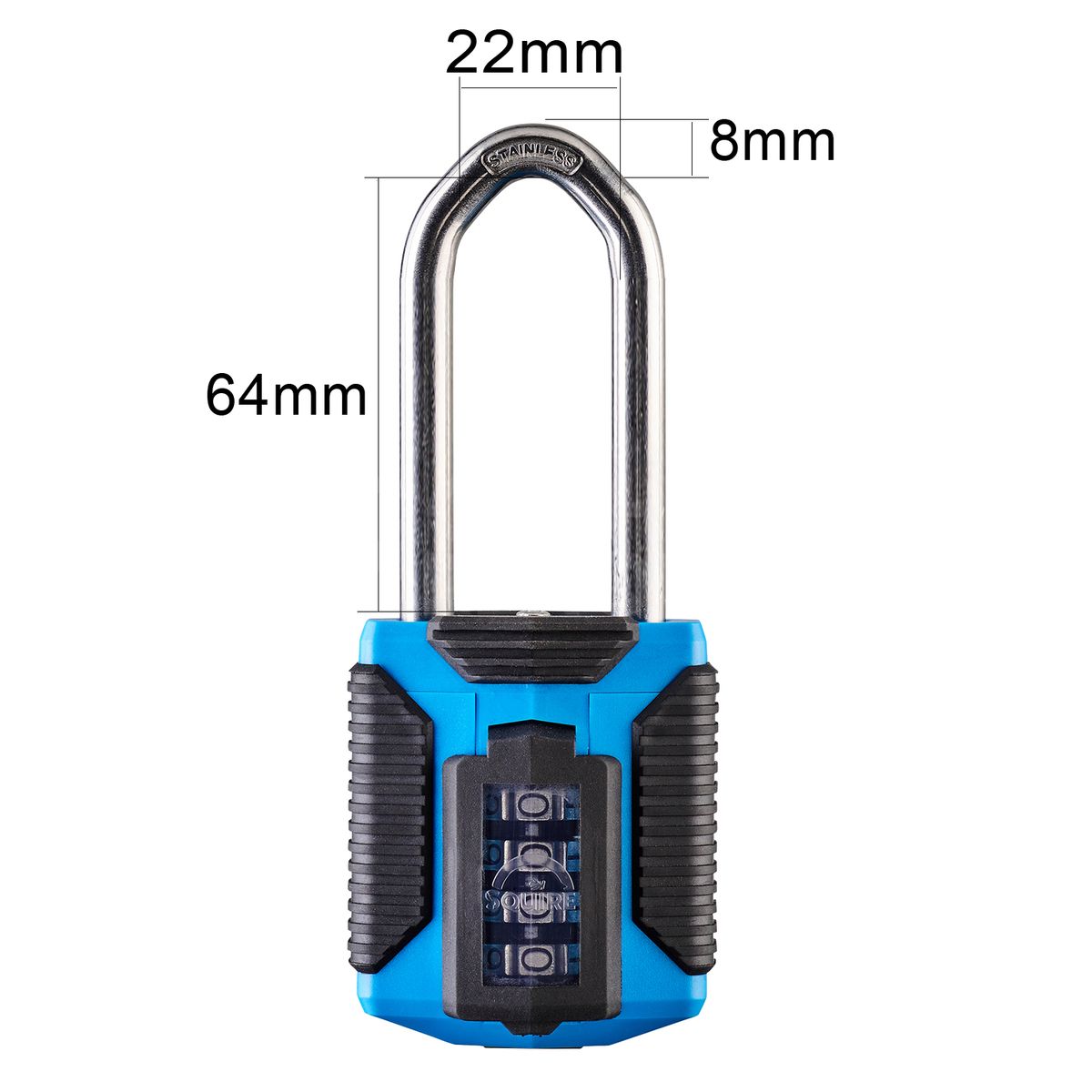 Dimensions Image: Squire CP50 - ATLS - All Terrain Combination Padlock - Stainless Steel Shackle- 63mm Long Shackle