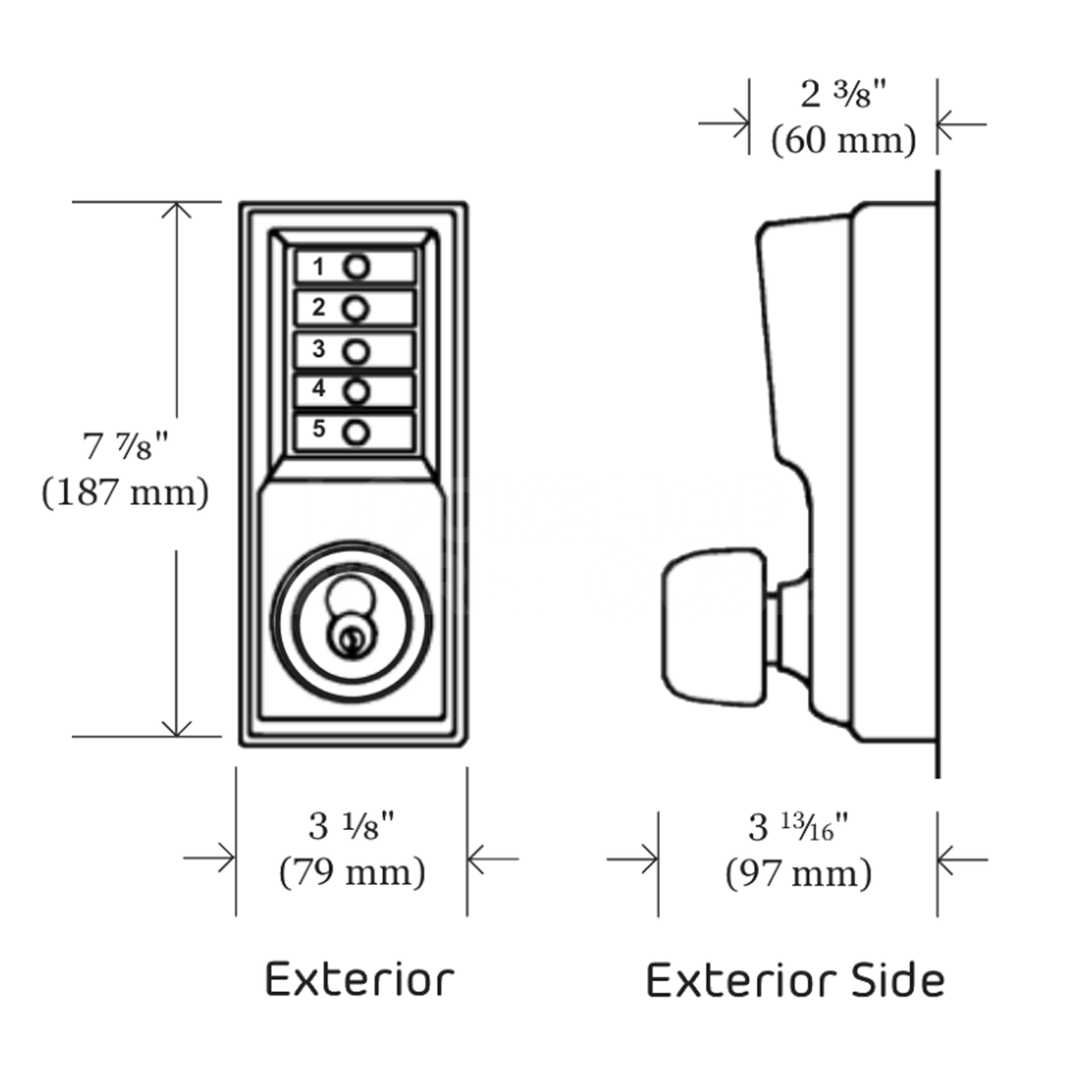 Dimensions Image: Kaba 1031 (1000-3) Mechanical Digital Combination Lock with Passage Set Mode