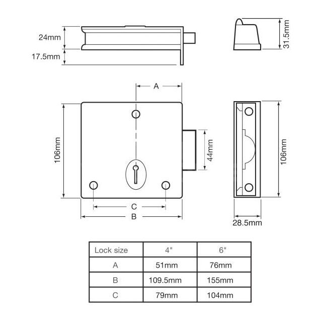 Dimensions Image: Union 1139 Rim Deadlock