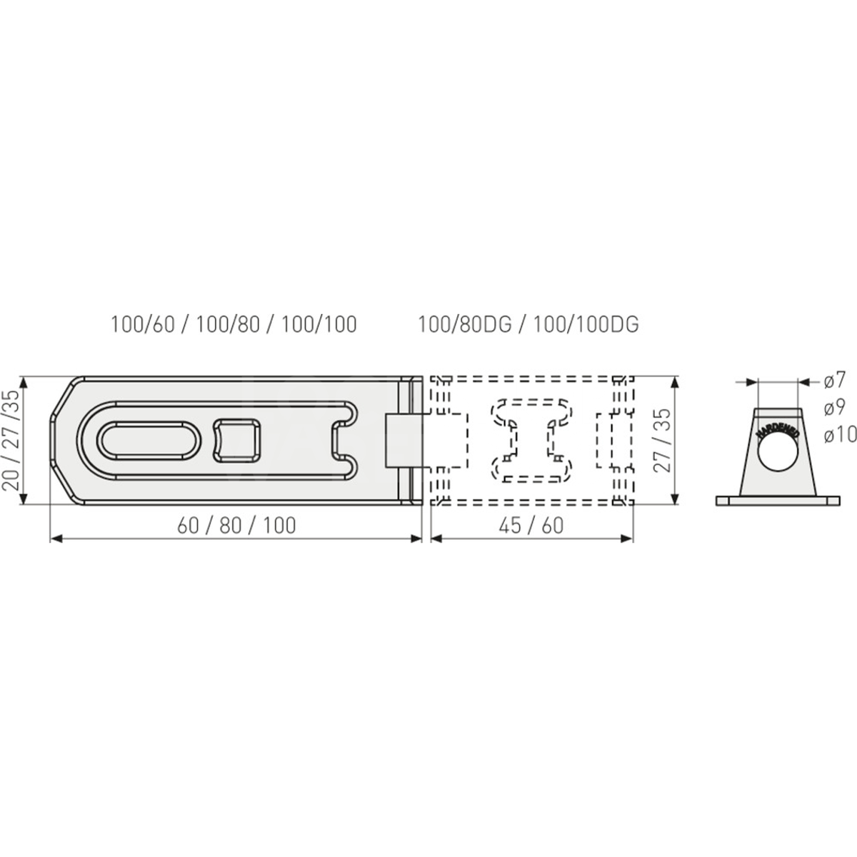 Dimensions Image: ABUS Hasp and Staple 100/100mm Double Jointed