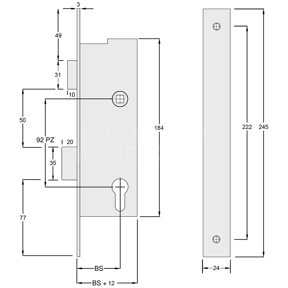 Dimensions Image: Wilka 1438 Lever Operated Mortice Sashlock