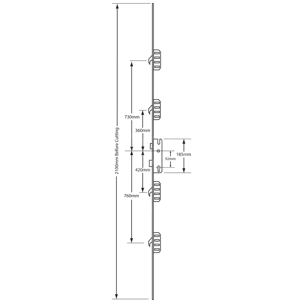 Dimensions Image: Winkhaus Cobra Keywind 4 Hook Multipoint Lock