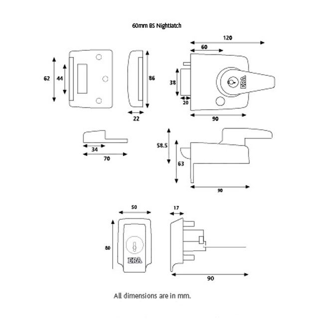 Dimensions Image: ERA BS3621:2007 High Security Nightlatch - 1930 - 60mm